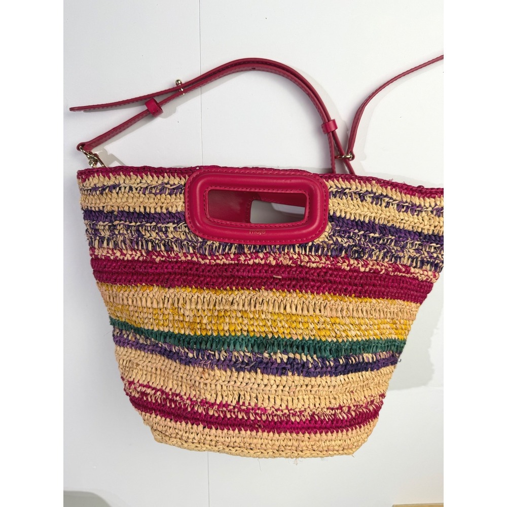 Maje Striped Straw Satchel Multicolor Stripe Pink Raffia Crossbody Euro Summer - Picture 6 of 16